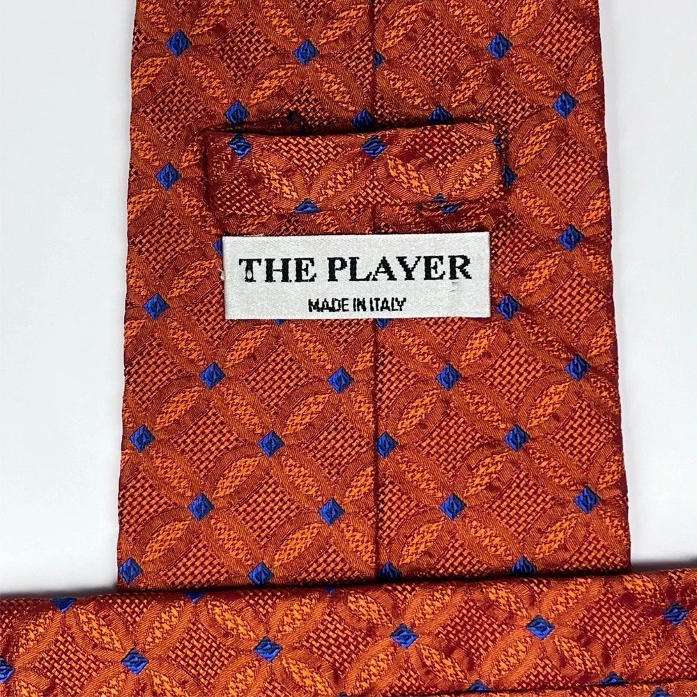 The‎ Player Silk Men's Necktie Orange Jacquard Geometric Blue Diamonds Italy